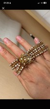 Multistrand Gold Tone White Pearl Beaded Rope Chain Bracelet, Floral Clasp