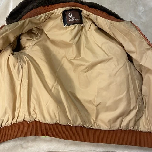 JCPenney Western Puffer Jacket Faux Fur Collar Rust Men size M Retro Bomber 70s image 14