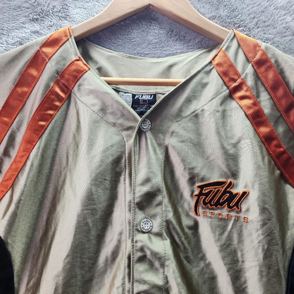 Vintage FUBU Sports Baseball Jersey Gold Orange Black Satin Button Shirt Size L - Image 3 of 4