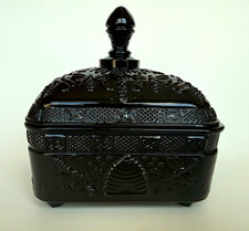 Rare Indiana Glass Tiara Black Onyx Honey Bee Box Lidded Candy Dish Vintage