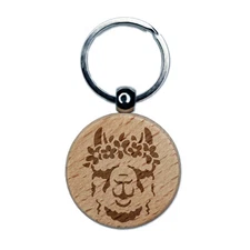 Flower Crown Llama Head Engraved Wood Round Keychain Tag Charm