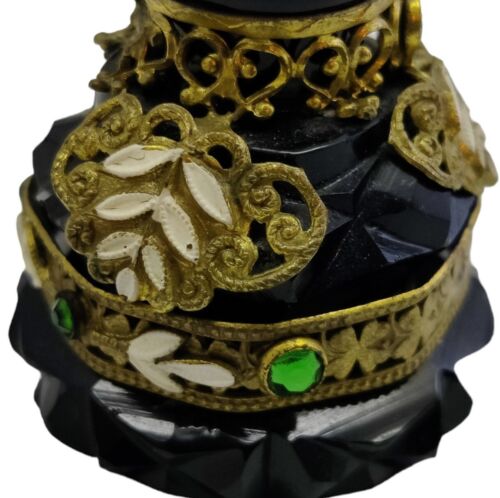 Botella de perfume Ormolu de vidrio de Checoslovaquia Art Deco antigua con joyas firmada ¡LEER! - Imagen 9 de 13
