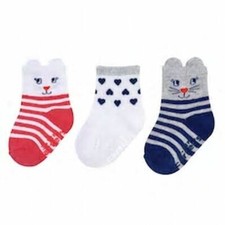 CARTER'S 3-PACK KITTY CAT STRIPE HEARTS THEME GIRLS CREW SOCKS 2-4 Years
