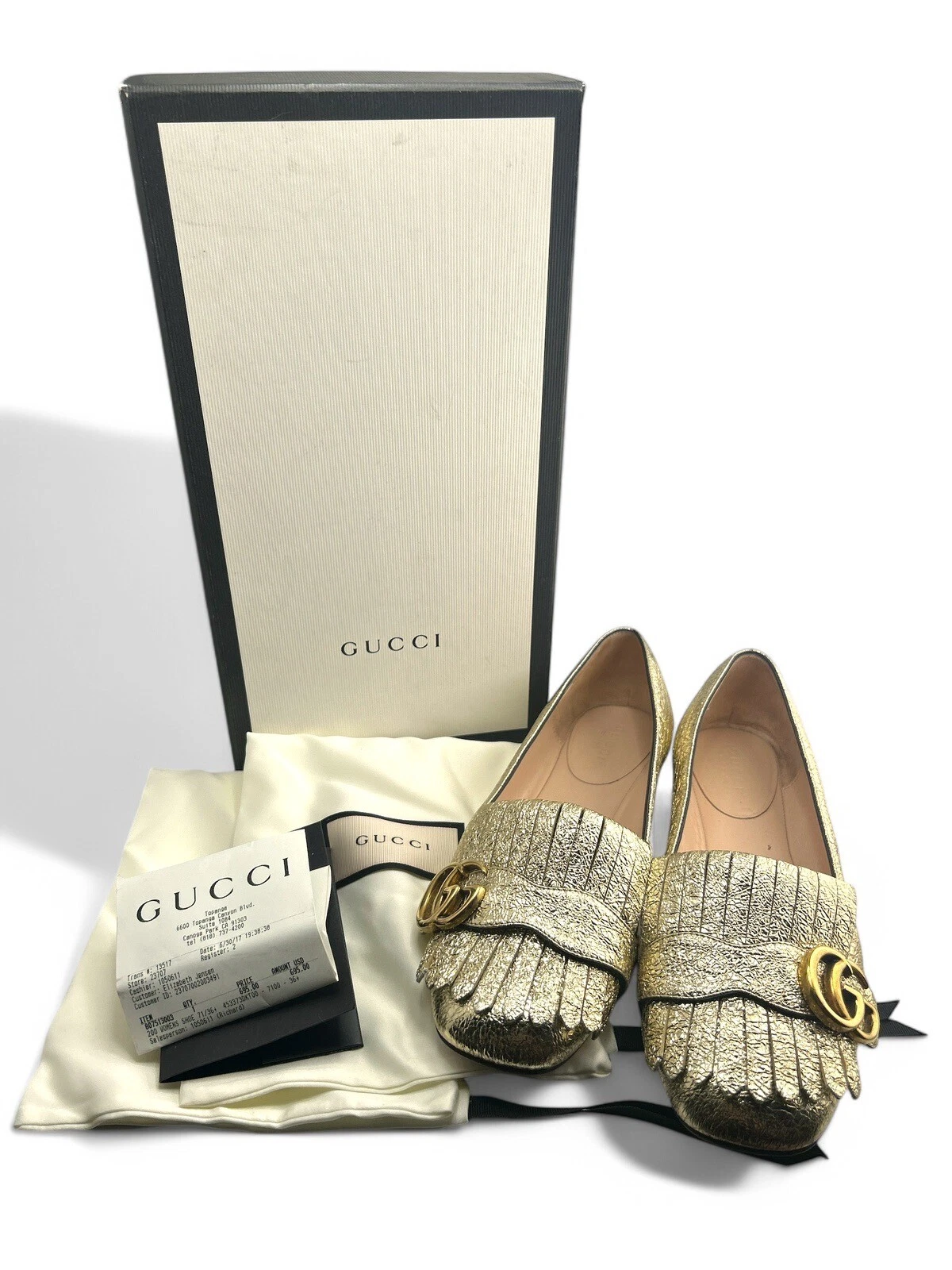 Chaussures plates Gucci cuir de veau stratifié métallisé GG Marmont franges dorées taille 36,5