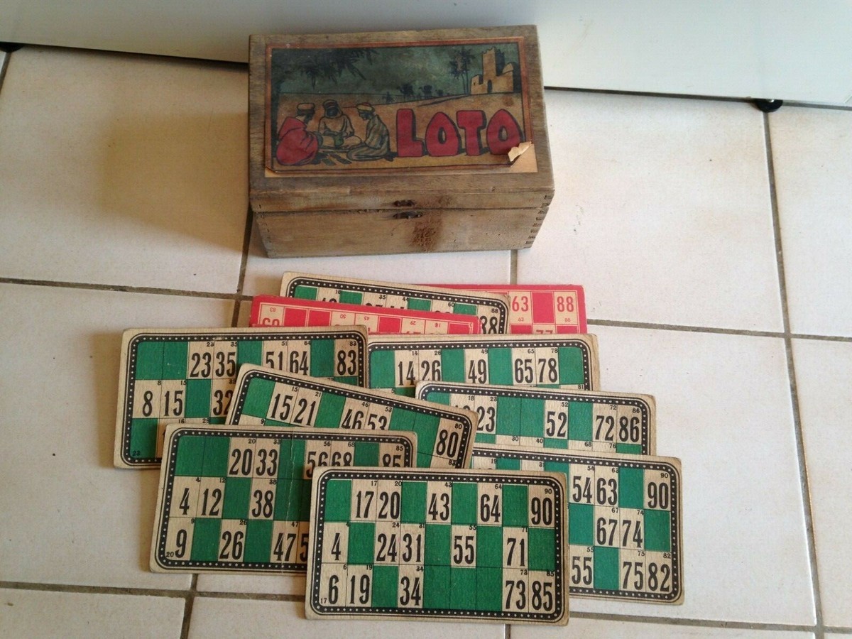 Jeu De Loto Ancien En Bois Complet - Boîte D'origine Avec Cartons, Jetons Et Règle