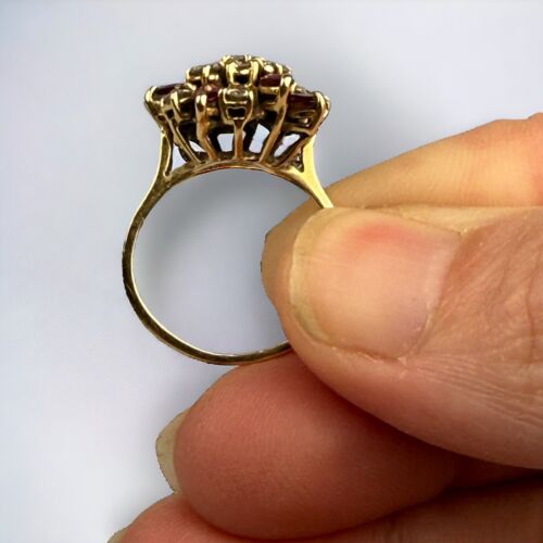 Vintage 14k Gold Natural Ruby and Diamond Cluster Ring Floral - Picture 13 of 14