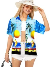 LA LEELA Women's Button Down Blouses Casual Summer Shirts XL Seashore, Blue