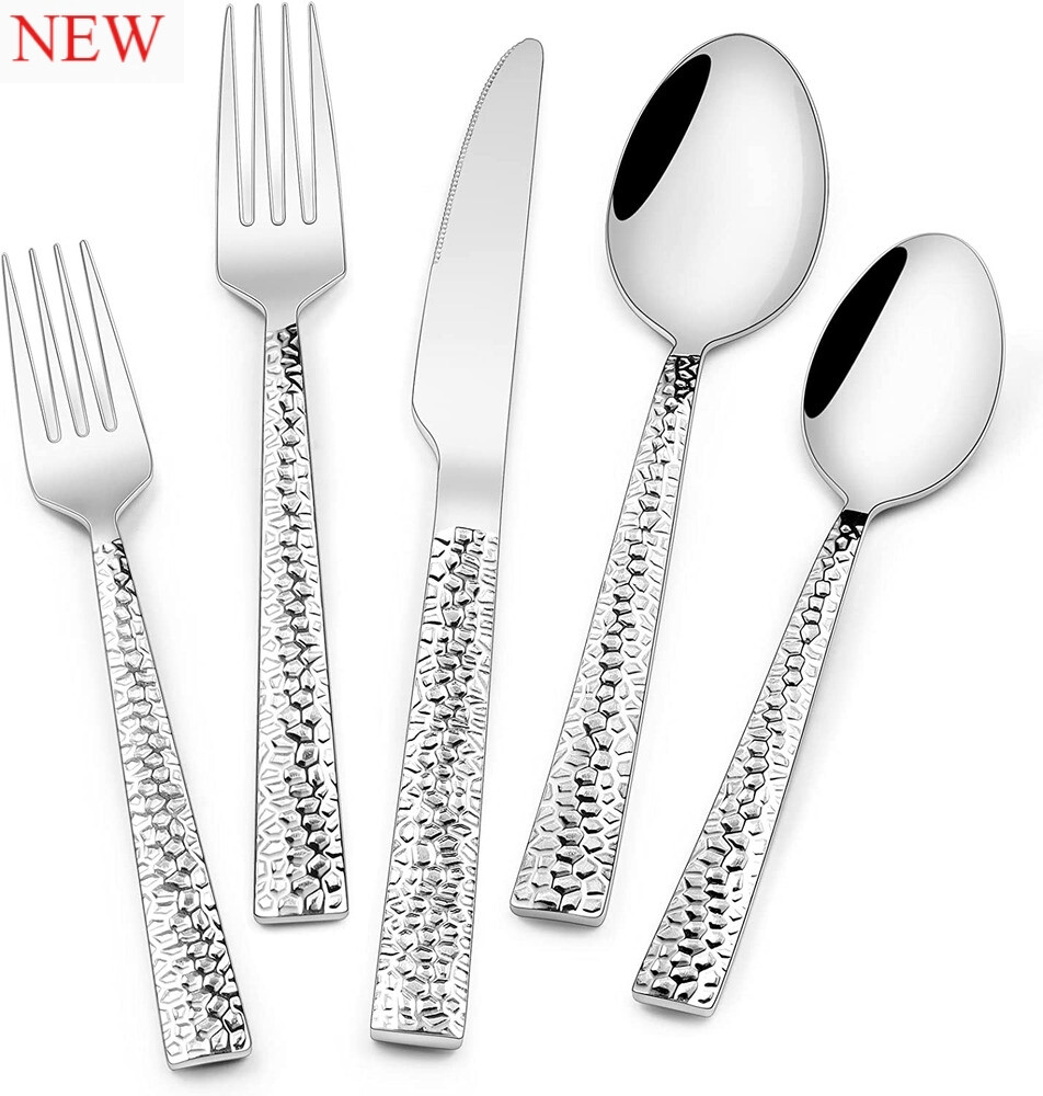 Hammered Silverware Set, 40-Piece Stainless Steel Square Flatware Set for 8,HOT