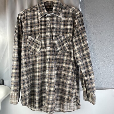 Bud Berma Men's Medium Tan Plaid Flannel Button Down Long Sleeve Shirt