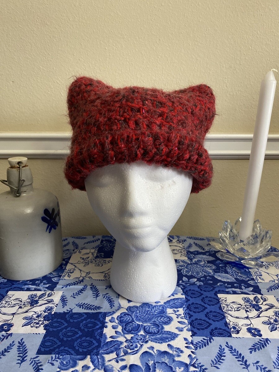 Red/Black Fuzzy Crochet Cat Beanie Handmade UK
