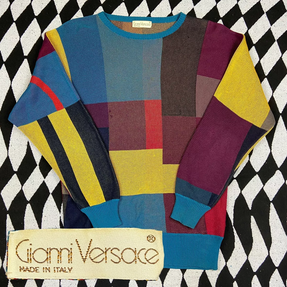 Vintage 80s Gianni Versace Couture Mondrian Abstract Color Block Sweater