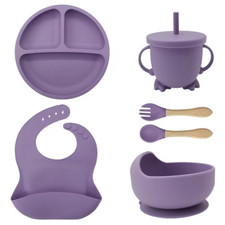 Flieder 7 Stück Silikon Baby Fütterungsset - Schüssel, Löffel, Gabel, Tasse, Schale & Lätzchen