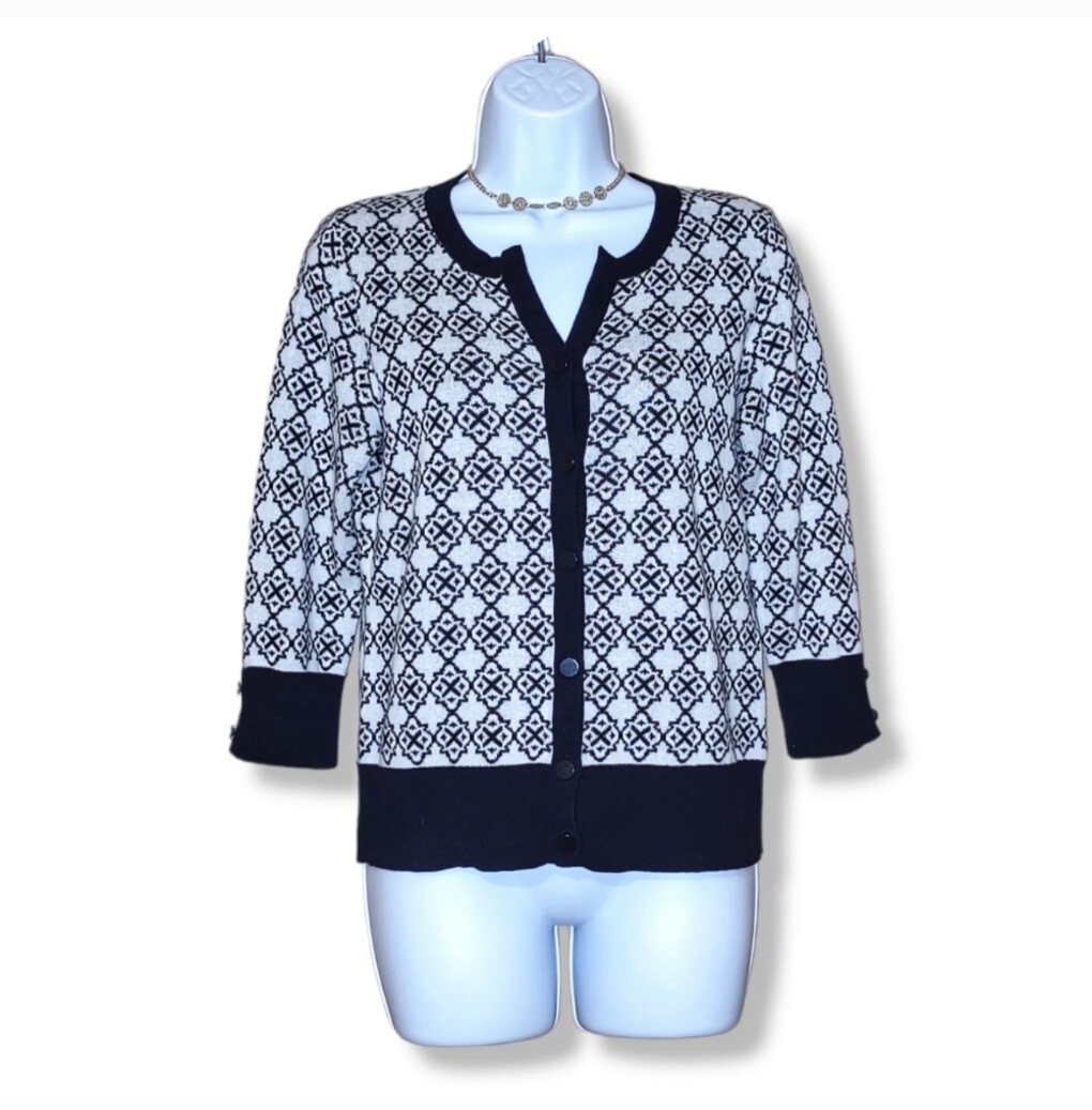 Cardigan Léger Talbots - Taille Small Petite - Noir Et Rouge - Manches 3/4 - Laine Mérinos - Occasion Très Bon état