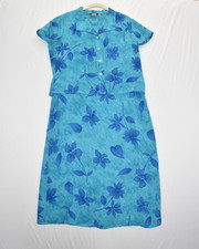 Vintage J.S.J Petite Blue Hawaiin Tank Top Dress w/ Short Sleve Button Up Blouse