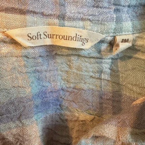 Soft Surroundings Linen Plaid Button Up Shirt Blue Pastel Gauzy Rainbow Summer - Picture 3 of 7