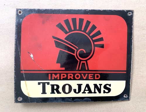 VINTAGE 13x10.5" IMPROVED TROJANS GAS PORCELAIN PUMP STATION GASOLINE SIGN