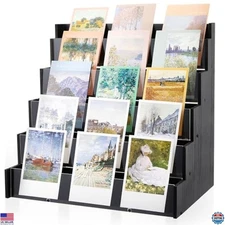 5-Tier Black Bamboo & Acrylic Greeting Card Display Stand - Trading Card Holder