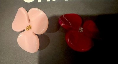 Alexandre De Paris  Two Pink and Red Lace Pattern Camellia Brooch Lucite