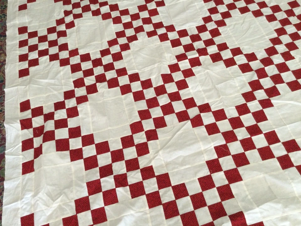 Handmade 76x86” Irish Chain Quilts Top  Red Of White Background - Image 3 of 4