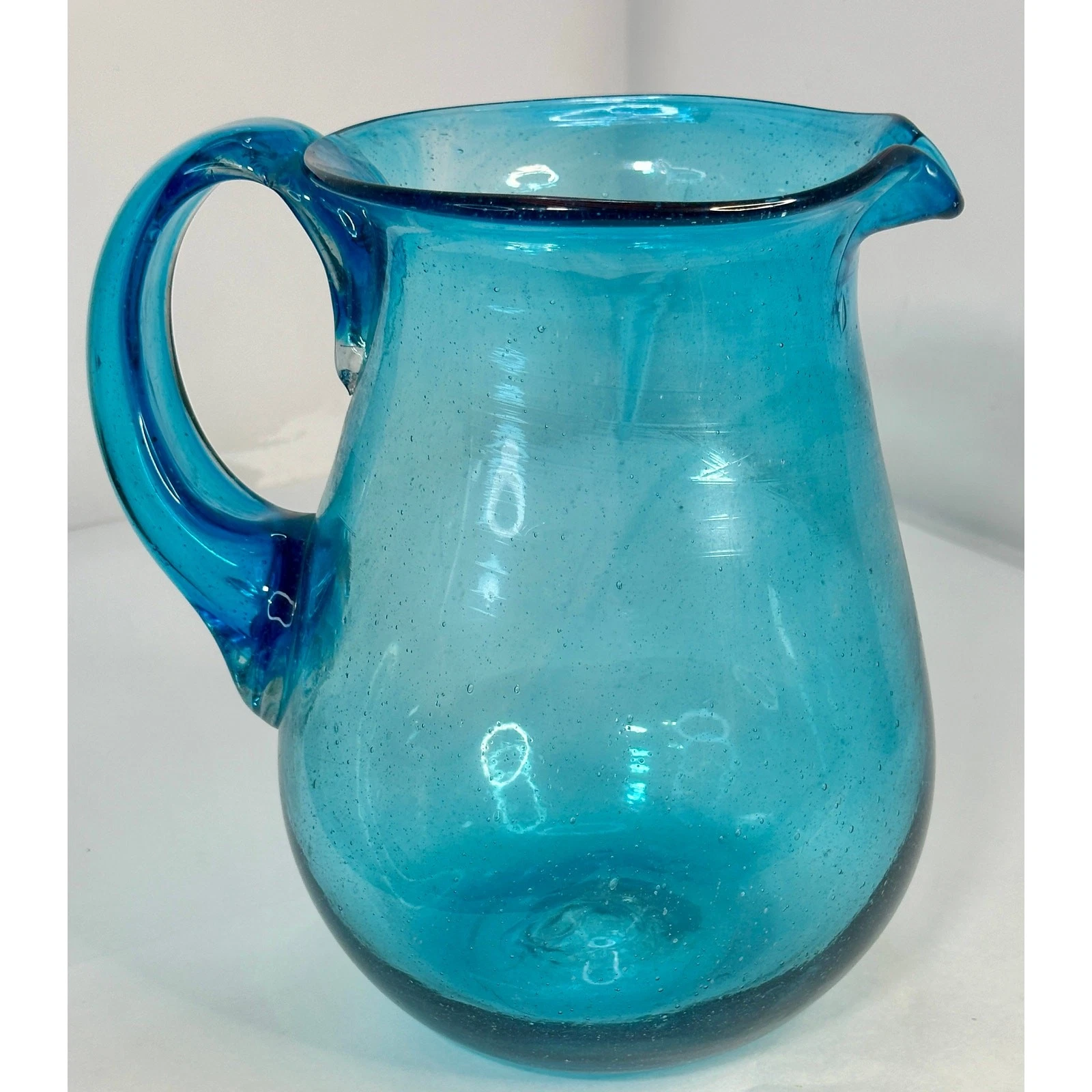 Handblown Glass PItcher Art Glass   Blue Aqua Large Gift for Collector