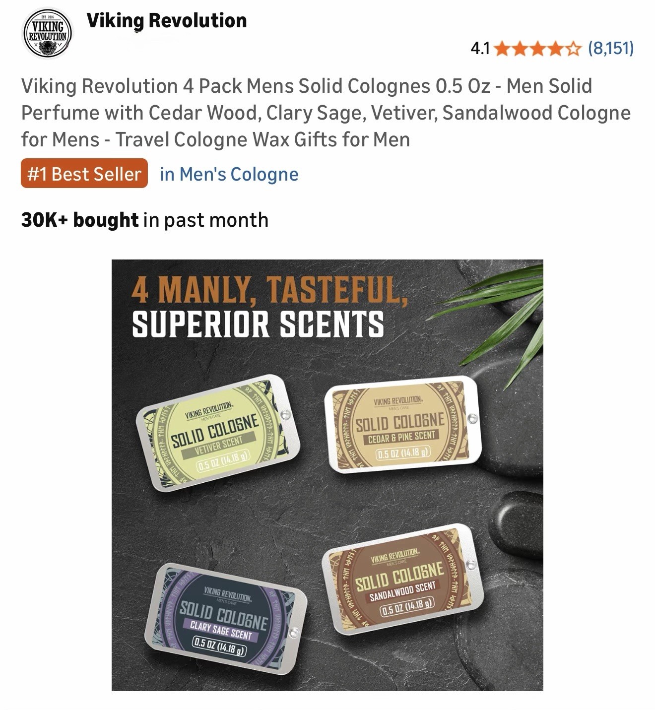 Viking Revolution 4 Pack Mens Solid Colognes Men 0.5 Oz - Men Solid Perfume w...