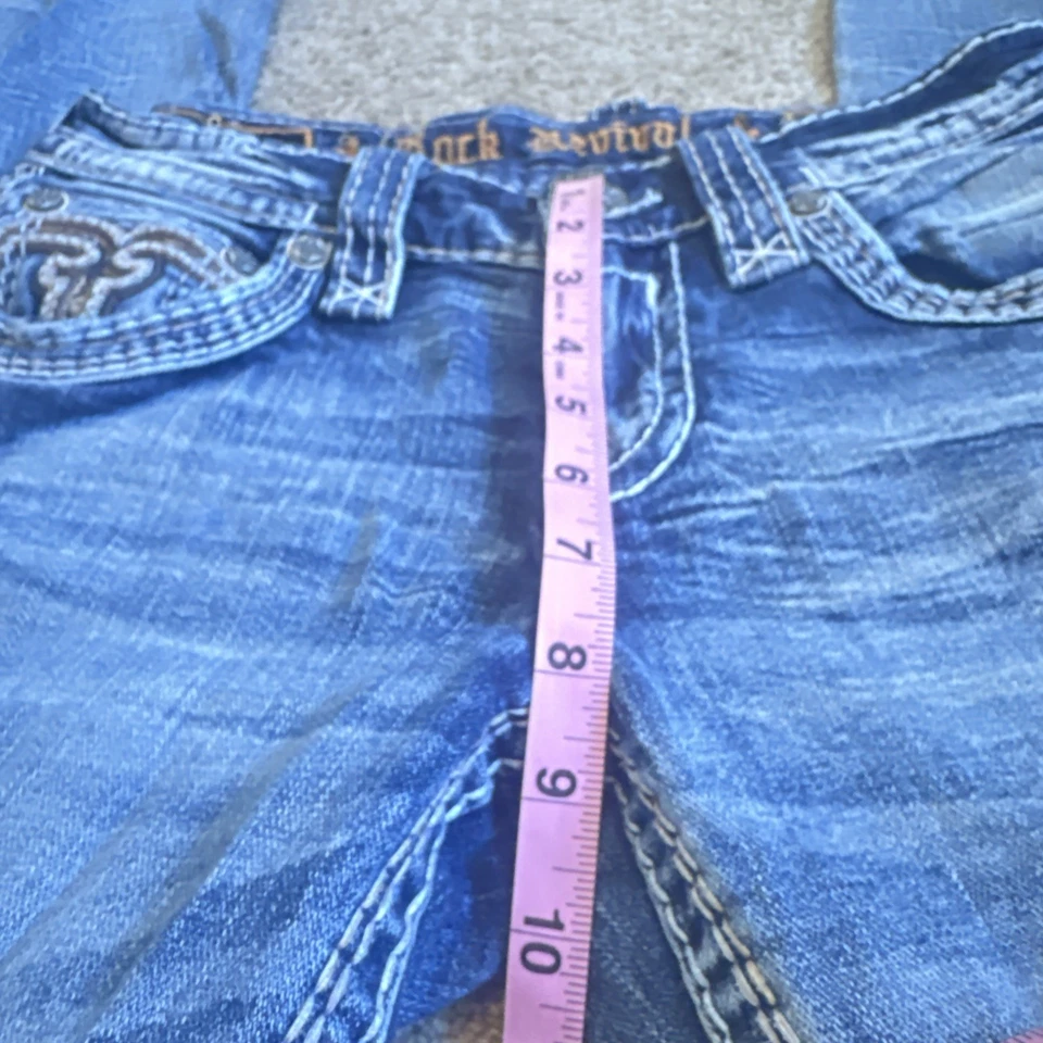 Pantalones de mezclilla para hombre Rock Revival ajustados corte bota adornados Y2K talla 28 desgastados Foto 3 de 4