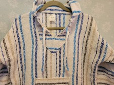 Drug Rug Baja Hoodie Mexican Poncho Front Pocket Blue White Medium Mexico Roo
