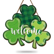 St. Patrick's Day Welcome Front Door Sign Green Shamrock Clover Wooden Hanging S