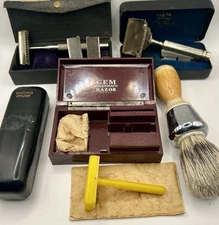 Vintage Shaving Items GEM Junior Razor, Enders, Bakelite Case, Brush, Toy Razor