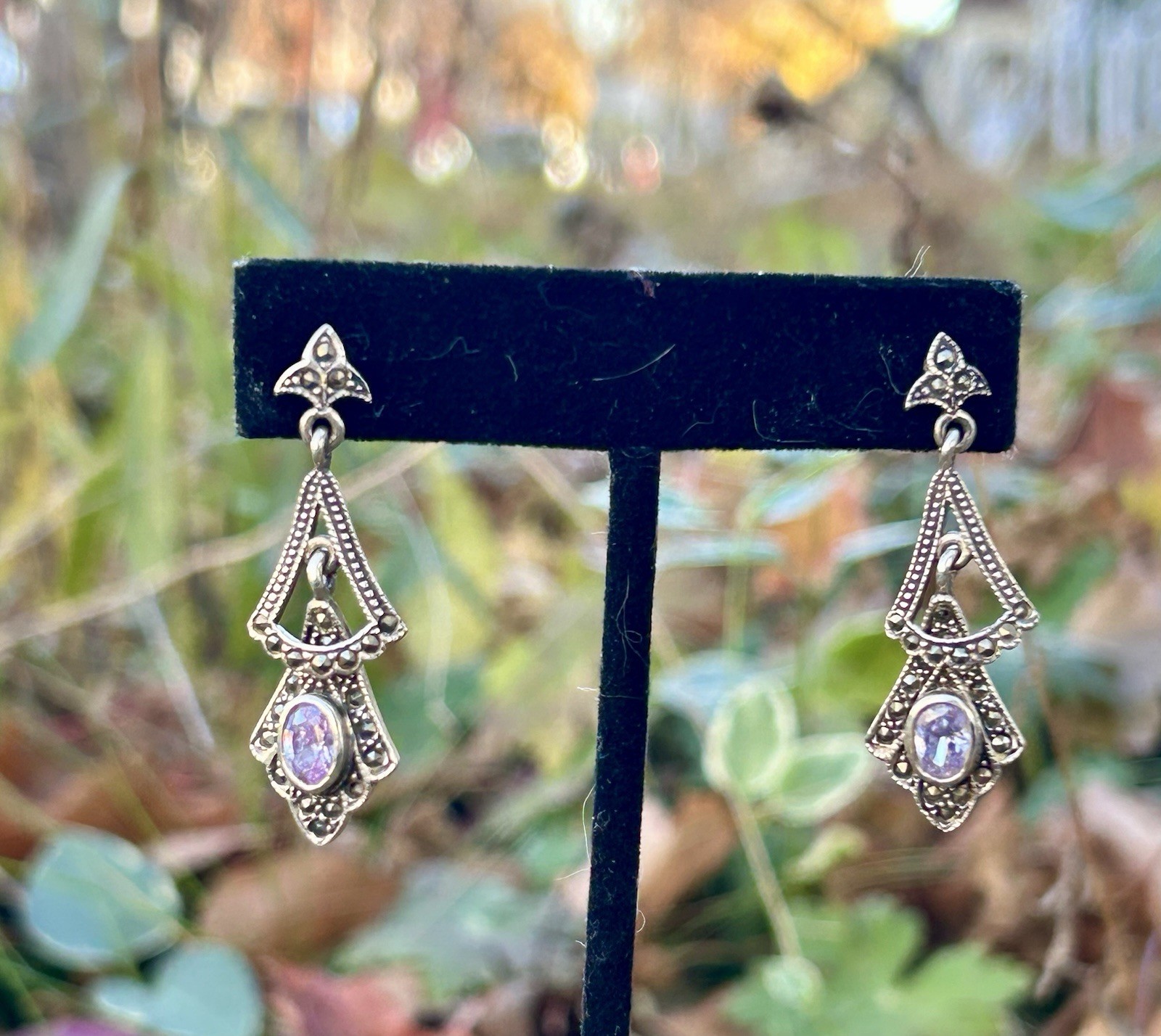 Sterling Silver Amethyst Marcasite Dangle Layered… - image 1