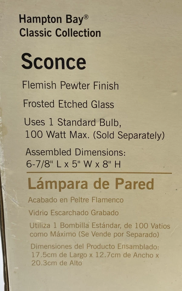 ¡¡Nuevo!! Aplique Hampton Bay Classic Collection peltre vidrio grabado esmerilado 298588 Foto 2 de 4