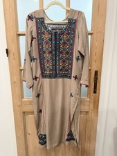 Women s Embroidered Kurta Tunic Dress Tan Boho Indian Kurti M/L