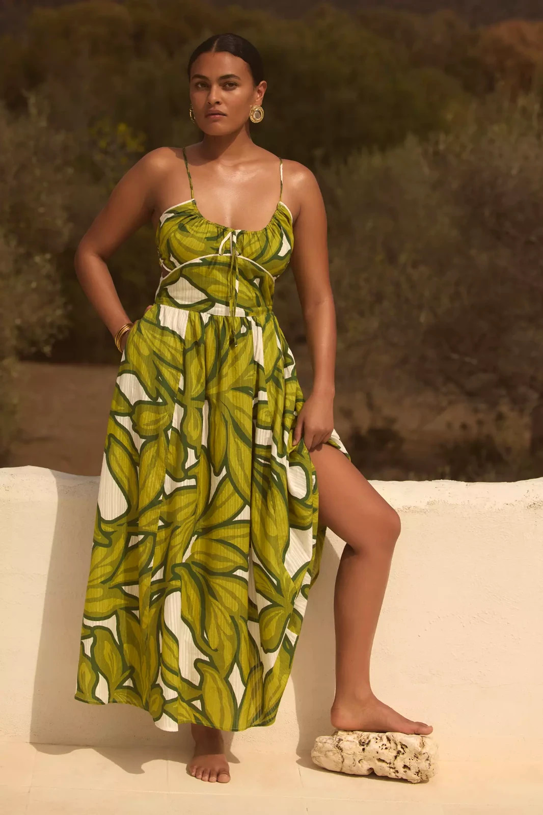 Anthropologie Celandine Sleeveless Scoop-Neck Midi Dress Green Tropical L NWT