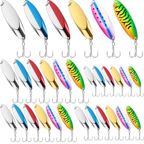 30 Pcs Metal Fishing Spoons Lures - 5 Sizes, Luminous Treble Hooks for Trout & B - Image 3