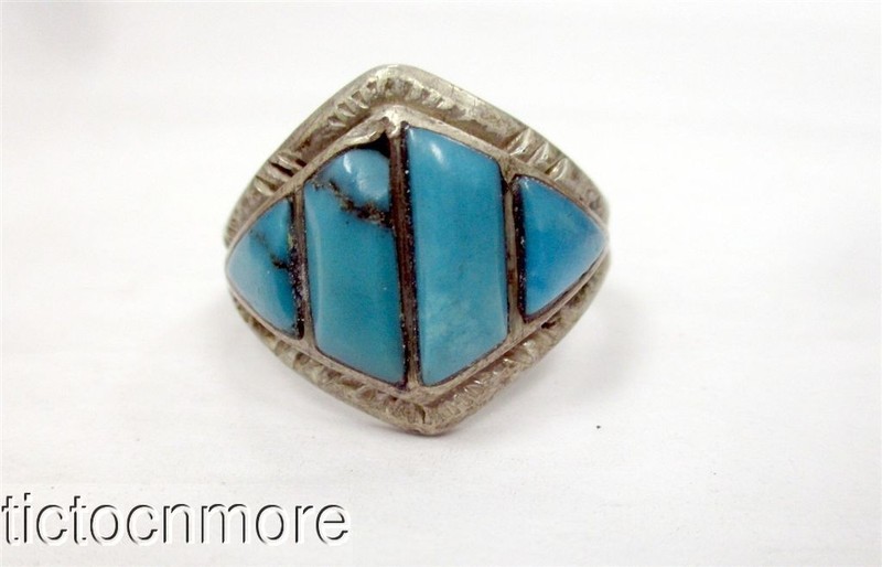 VINTAGE NAVAJO INDIAN COBBLESTONE TURQUOISE STAMPWORK RING STERLING