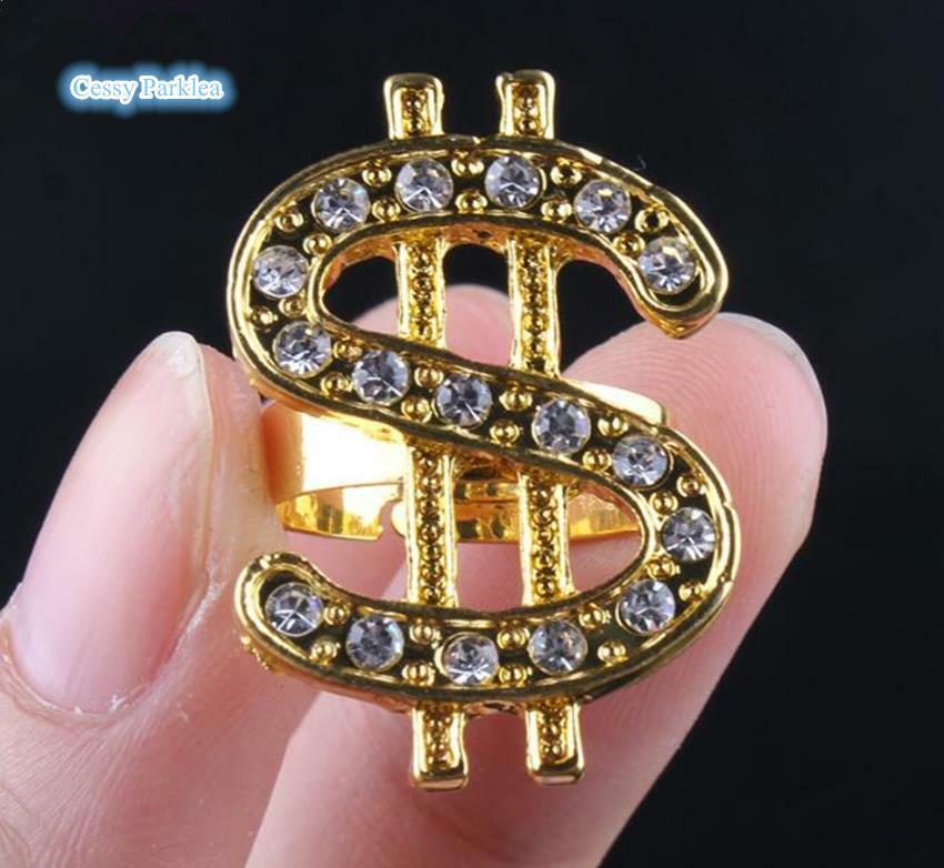Gold Dollar Sign $ Ring Necklace Hip Hop Rapper Bling 80s Gold Dollar Sign $ Ring Necklace Hip Hop Rapper Bling 80s