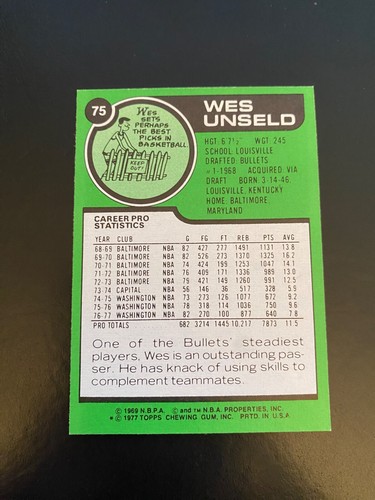1977 TOPPS BASKETBALL #75 WES UNSELD!! NM-MT OR BETTER!! $1 SHIPPING!! - Picture 2 of 2