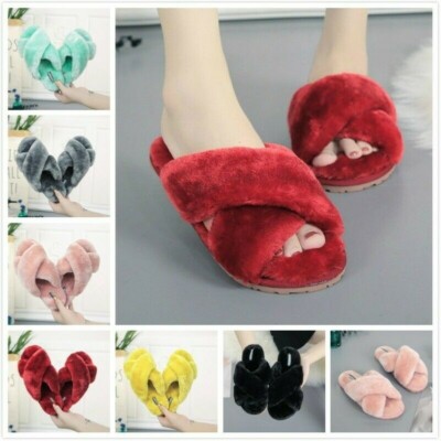 Damen Plüsch Hausschuhe Kunstfell Slipper warm pelzig flach Schuhe offene Zehenpartie