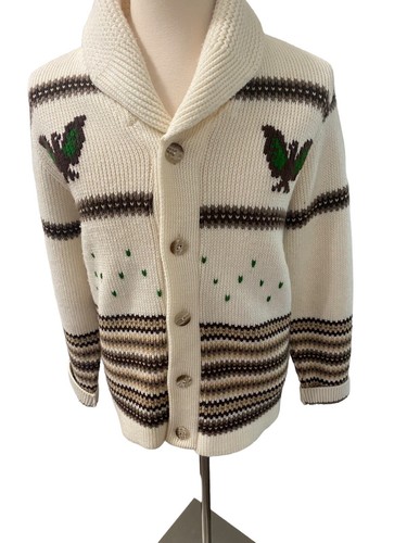 Vintage Caldwell Wolle Strick Pullover Cardigan Knit-Rite Canada Vögel L 50er 60er - Bild 2 von 14