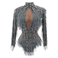 Women Sparkly Rhinestone Silver Fringes Bodysuit Dancer Singer Costume Bodysuit