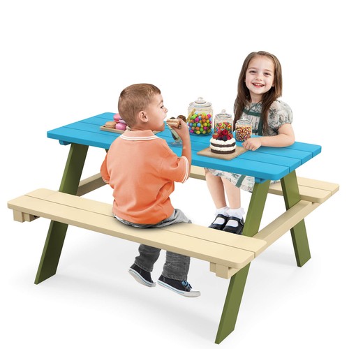 Kids Wooden Picnic Table Set Solid Dining Table with Built-in Benches for Patio