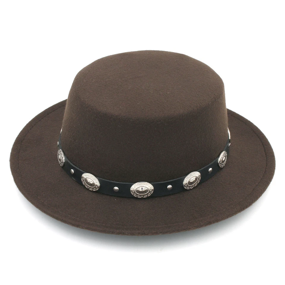 Mujeres Hombres Mezcla de Lana Sombrero de Navegante Ala Ancha Tarta de Cerdo Gorra Plana Top Sombrero Banda de Cuero Foto 3 de 4