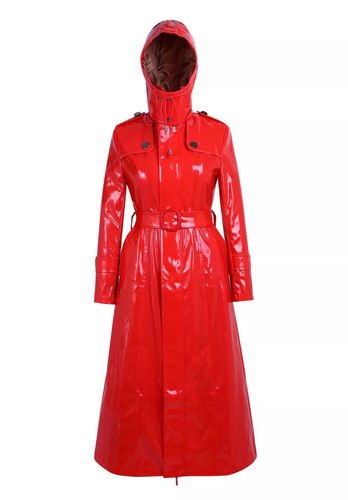 Women's Shiny Vinyl Trench Coat with Hood - Full-Length Waterproof Raincoat - Picture 11 of 14