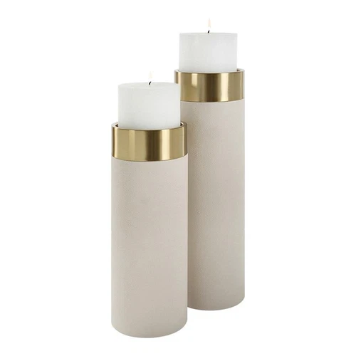 Uttermost Wessex Faux Leather/Metal Candleholder in White/Brass (Set of 2) - Picture 1 of 4