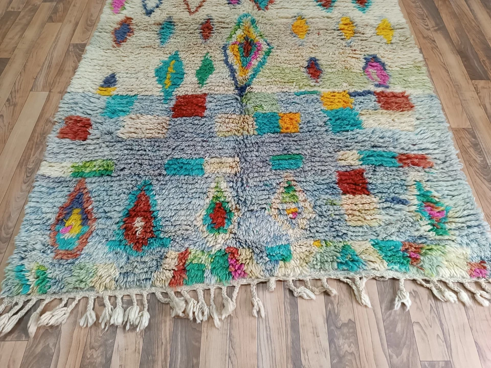 Шерстяной современный небольшой ковер ручной работы из шерстяной смеси бежевый, синий, желтый многофункциональный - Изображение 4 из 4