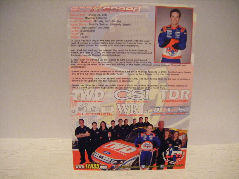 Ford Fusion TWD 2012 Scott Speed #95 Levine Family NASCAR Stock Car postal Foto 2 de 2