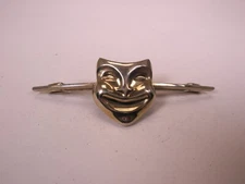 2-1/8" Comedy Tragedy Theater Mask Gold Tone Vintage Collar Bar L71