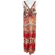 One World Maxi Dress Women's Size L? Orange Red Floral Print Sleeveless V Neck