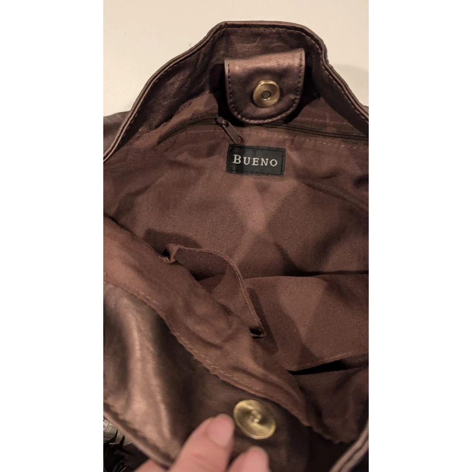 Bueno Brown Faux Leather Fringe Hobo Shoulder Bag Boho Chic Textured - Image 2 of 4