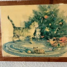 Retro Kittens Cat Glossy Print Wall Hanging Wood Plaque Kitsch 1970’s Christmas
